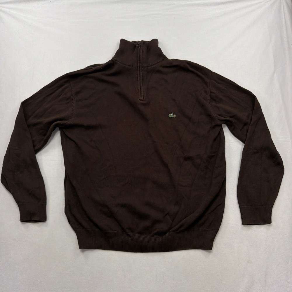Lacoste Quarter Zip Pullover Sweater Mock Neck Logo Brown Mens Size 7